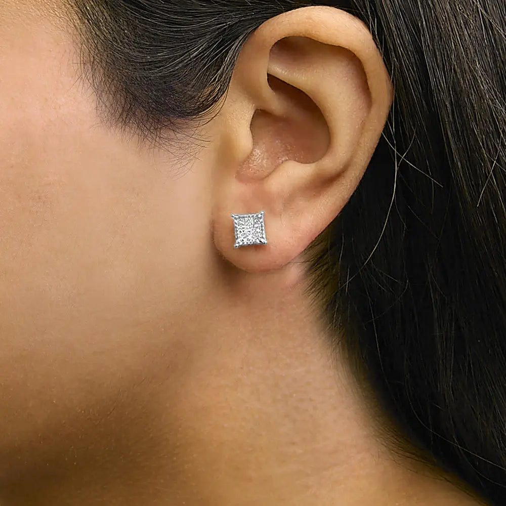 Sterling silver 1/2 cttw princess diamond invisible square stud earrings bijoux-nyc direct