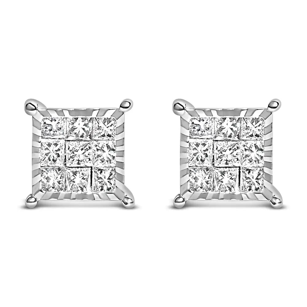 Sterling silver 1/2 cttw princess diamond invisible square stud earrings bijoux-nyc direct