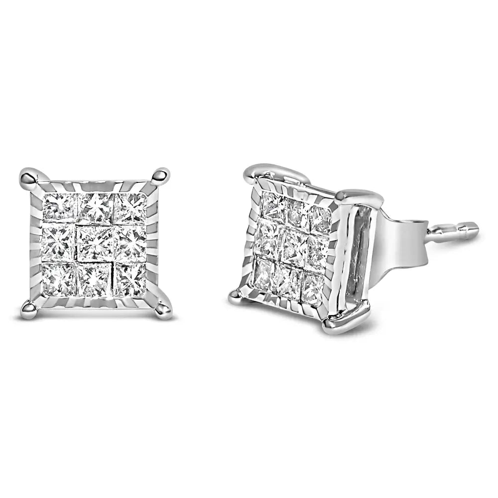 Sterling silver 1/2 cttw princess diamond invisible square stud earrings bijoux-nyc direct