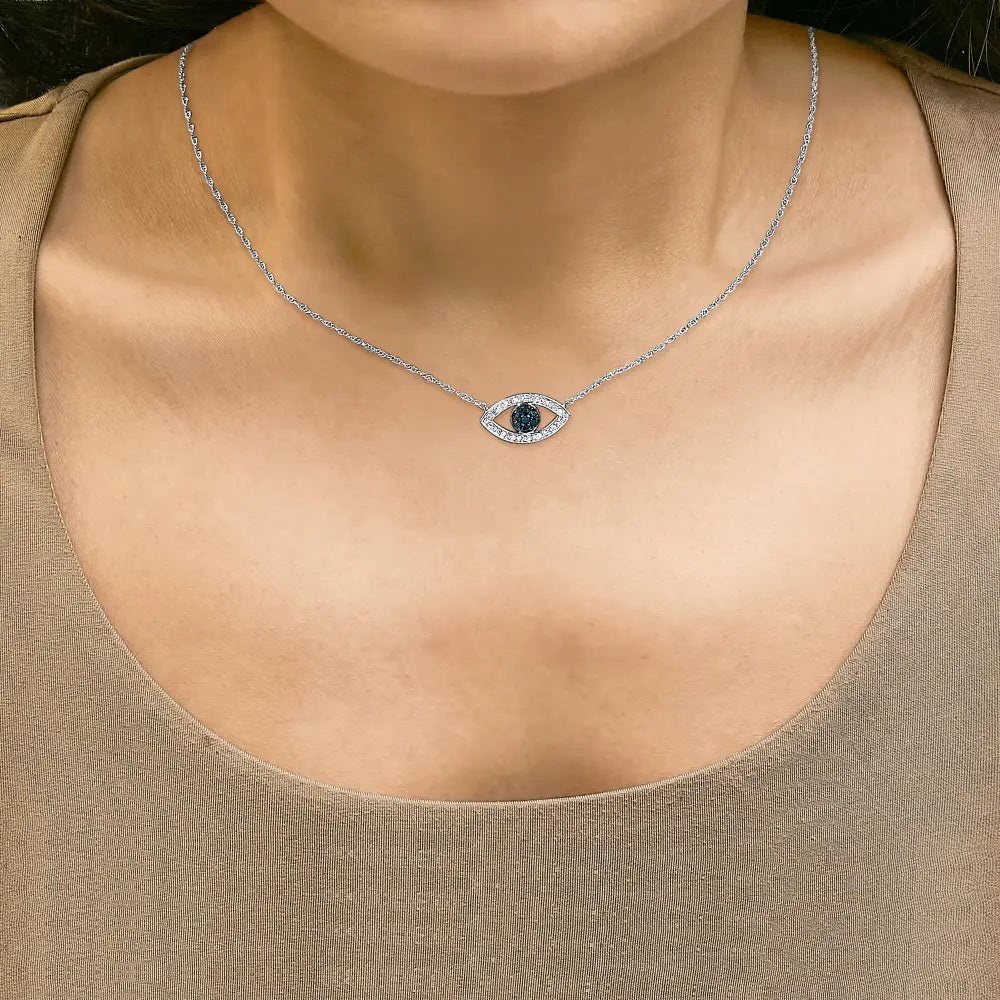 Sterling silver 1/4 cttw blue and white diamond evil eye necklace 18 inch bijoux-nyc direct