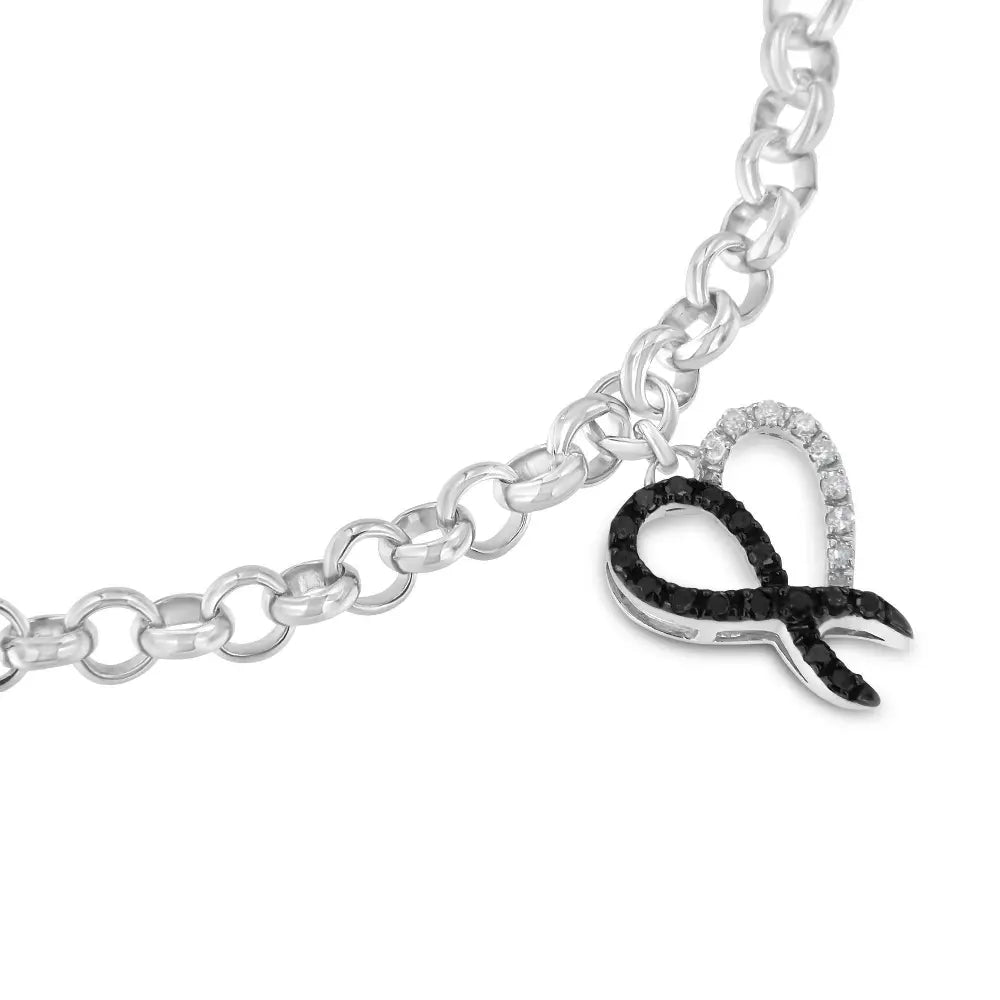 Sterling Silver 1/6ct TDW Diamond Heart Charm Bracelet (Black, I2-I3) - Bijoux-NYC Direct