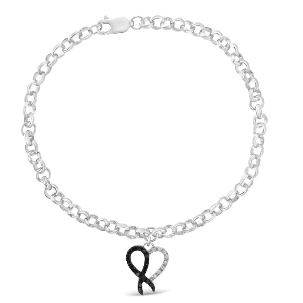 Sterling Silver 1/6ct TDW Diamond Heart Charm Bracelet (Black, I2-I3) - Bijoux-NYC Direct