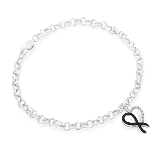 Sterling Silver 1/6ct TDW Diamond Heart Charm Bracelet (Black, I2-I3) - Bijoux-NYC Direct