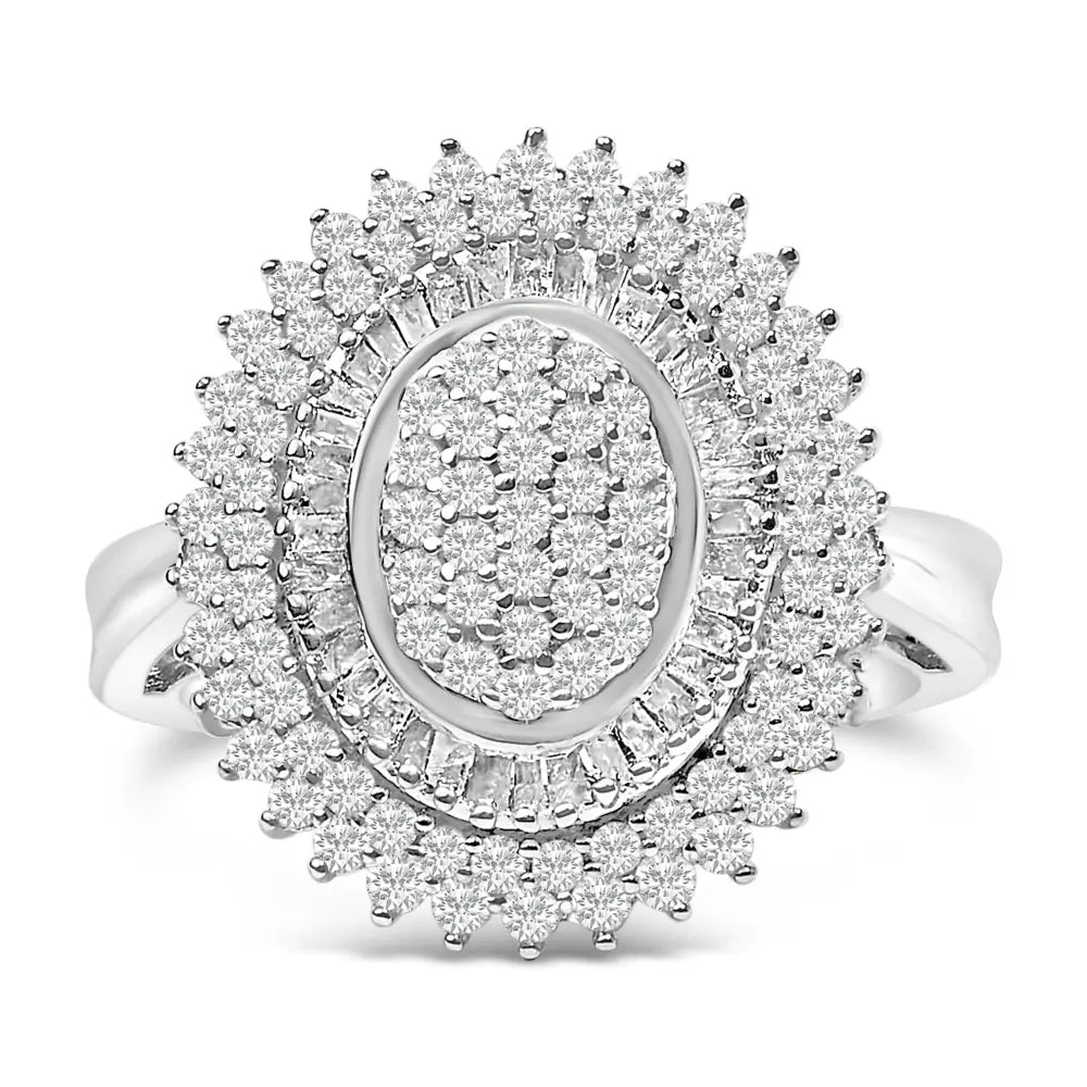 Sterling silver 2.0 cttw diamond oval halo baguette cocktail ring bijoux-nyc direct