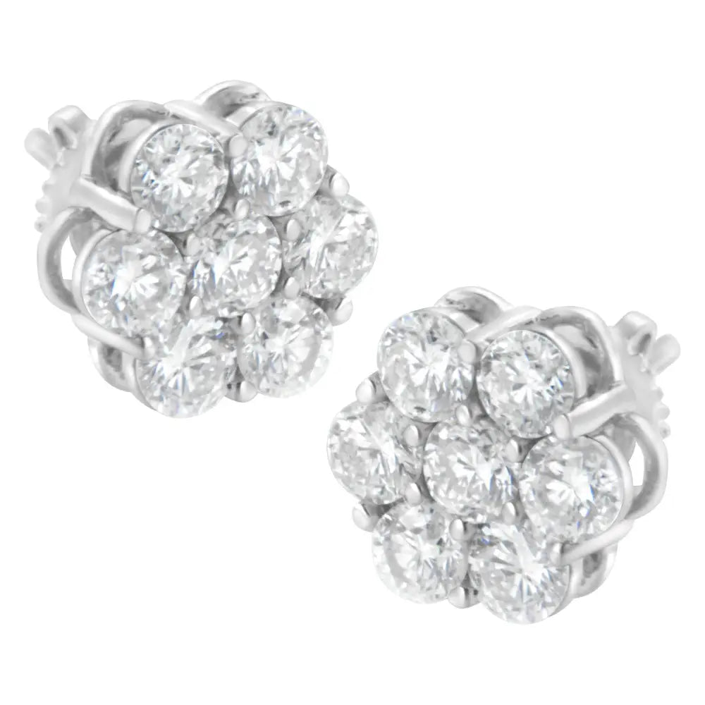 Sterling silver 2 cttw round diamond floral cluster stud earrings bijoux-nyc direct
