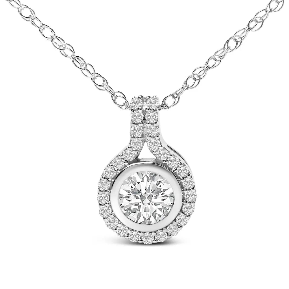Sterling silver 3/4 cttw lab grown diamond halo pendant necklace 18 inch bijoux-nyc direct