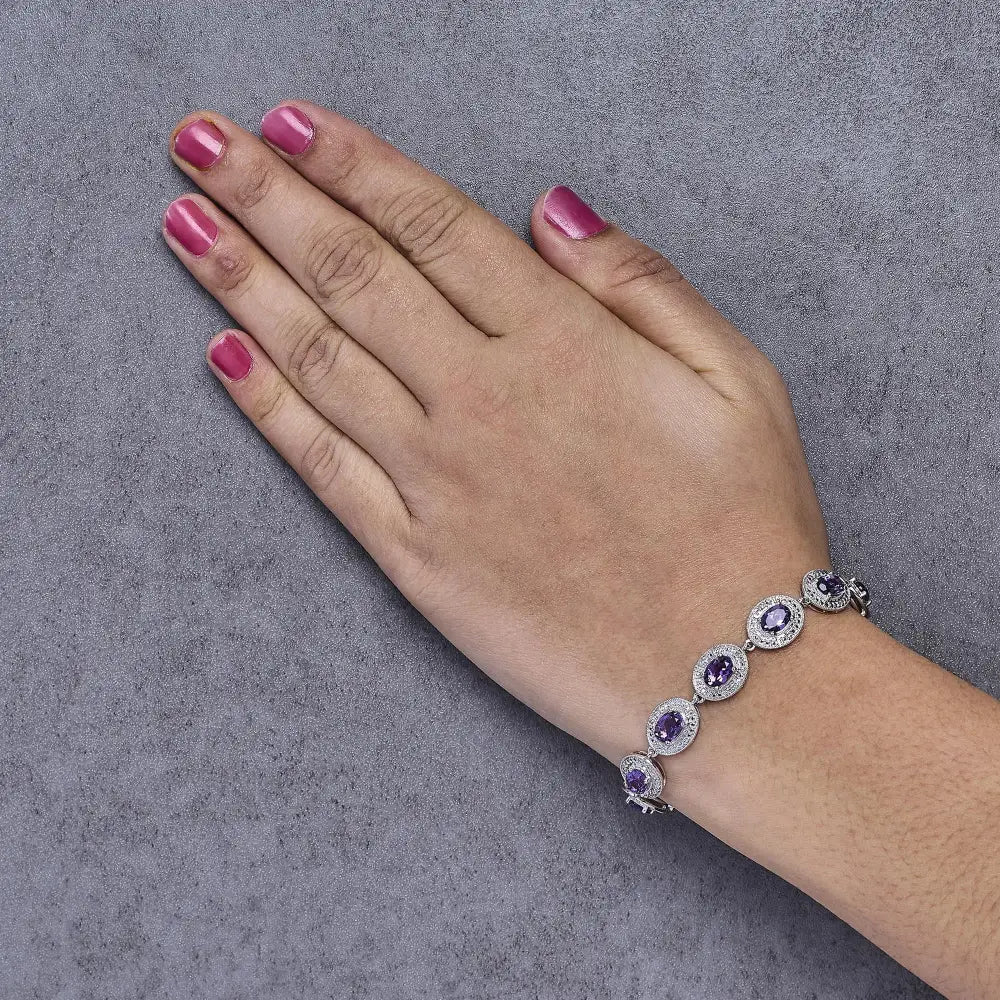 Sterling silver 5x7mm oval amethyst and diamond halo bracelet 7 inch bijoux-nyc direct