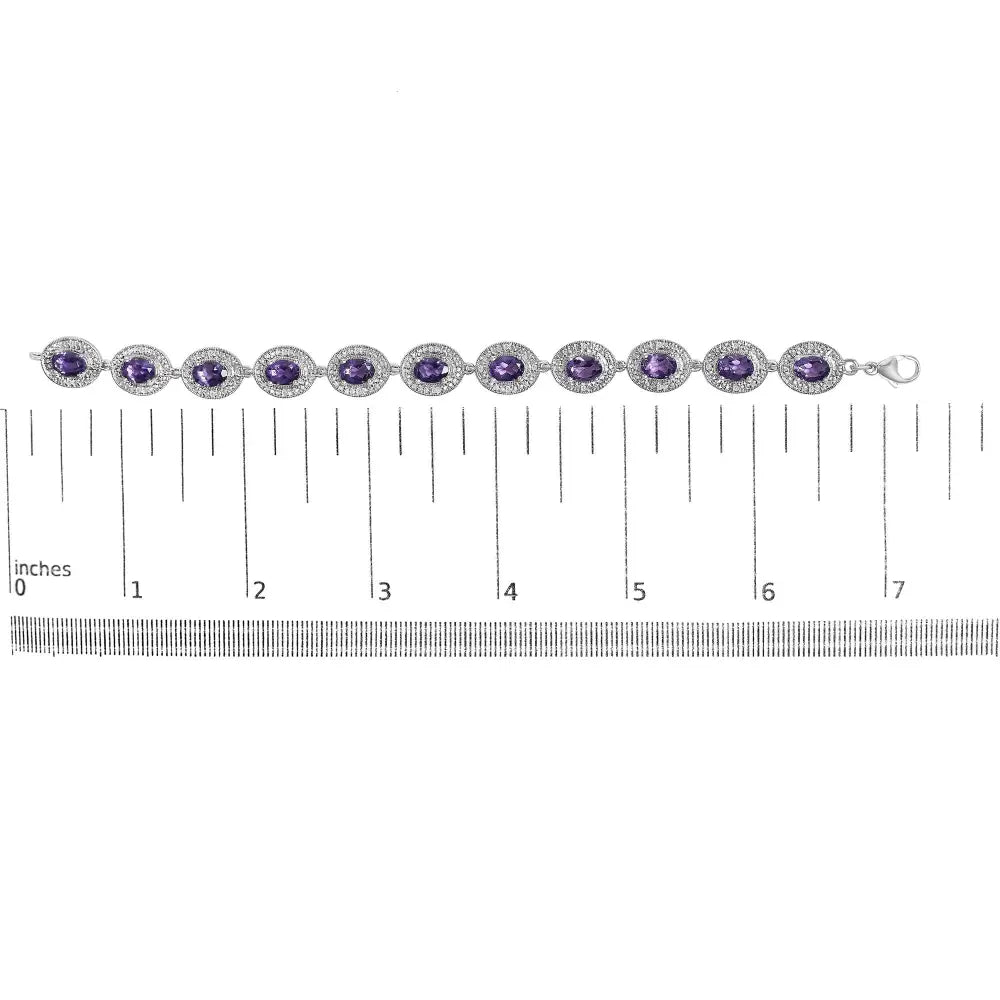 Sterling silver 5x7mm oval amethyst and diamond halo bracelet 7 inch bijoux-nyc direct