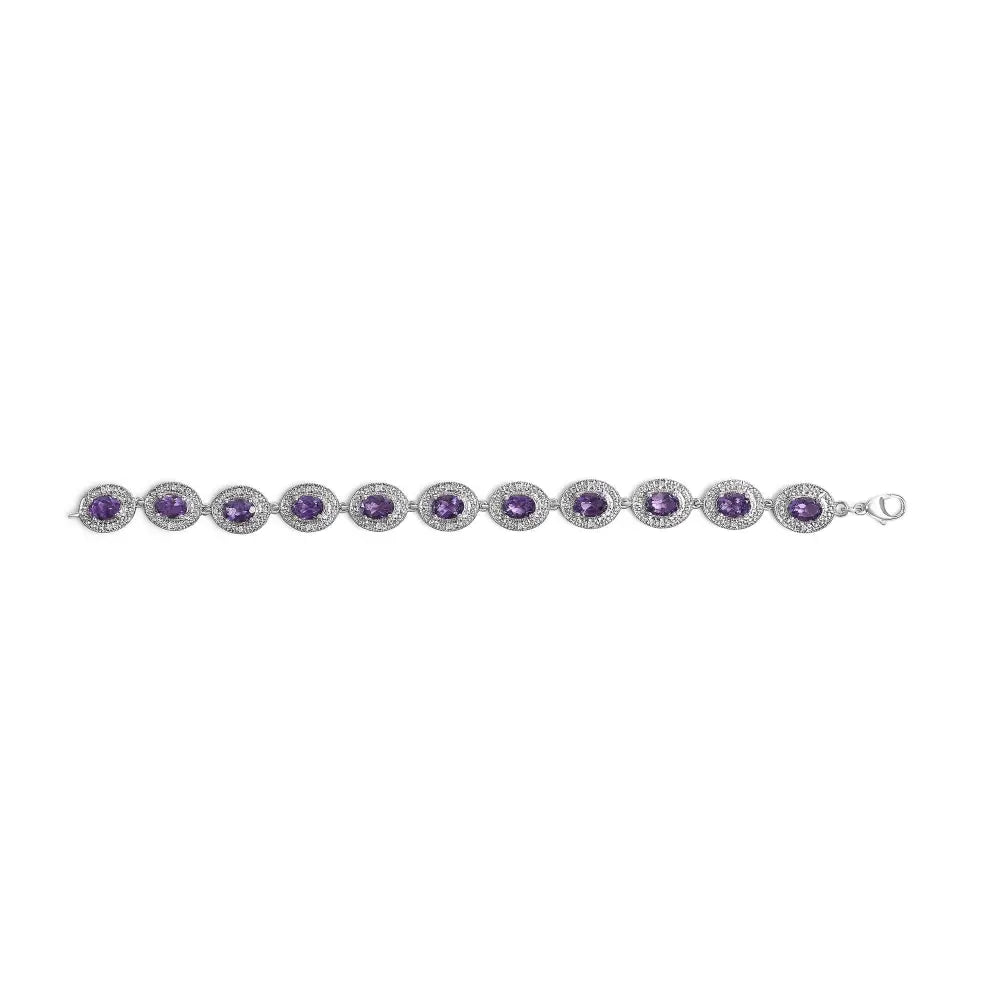 Sterling silver 5x7mm oval amethyst and diamond halo bracelet 7 inch bijoux-nyc direct