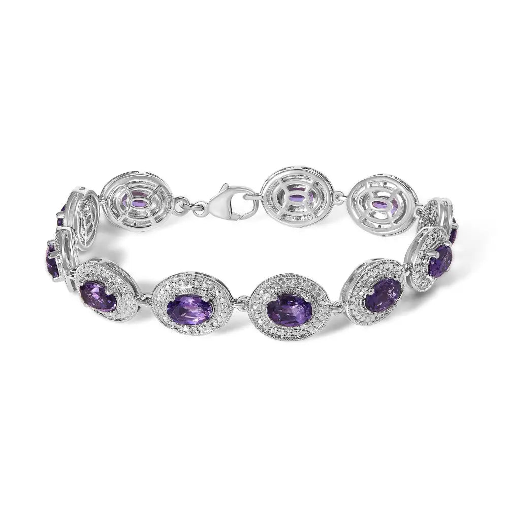 Sterling silver 5x7mm oval amethyst and diamond halo bracelet 7 inch bijoux-nyc direct