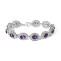 Sterling silver 5x7mm oval amethyst and diamond halo bracelet 7 inch bijoux-nyc direct