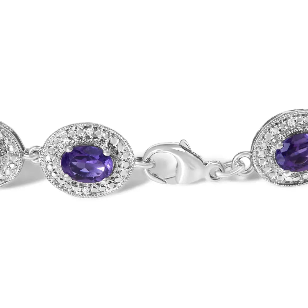 Sterling silver 5x7mm oval amethyst and diamond halo bracelet 7 inch bijoux-nyc direct