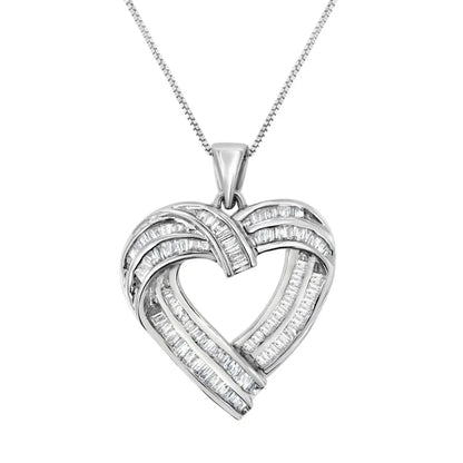 Sterling Silver 7/8 cttw Baguette Diamond Heart Pendant Necklace (I-J, I2-I3) - Bijoux-NYC Direct