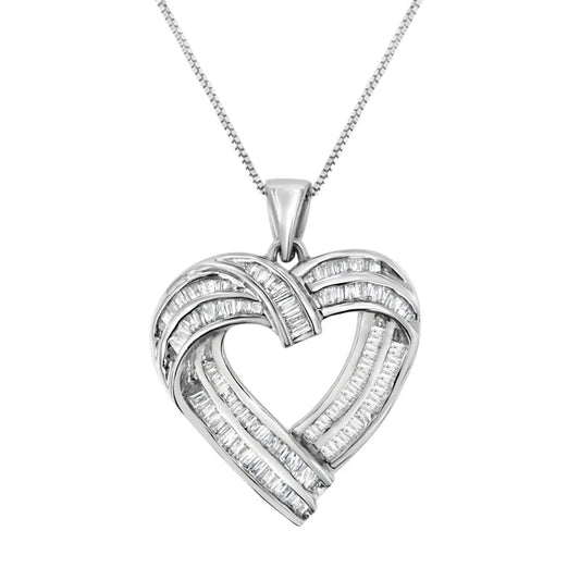 Sterling Silver 7/8 cttw Baguette Diamond Heart Pendant Necklace (I-J, I2-I3) - Bijoux-NYC Direct