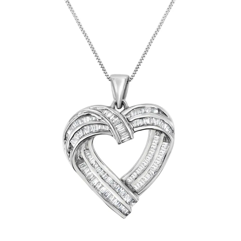 Sterling silver 7/8 cttw baguette diamond interlocking heart necklace bijoux-nyc direct