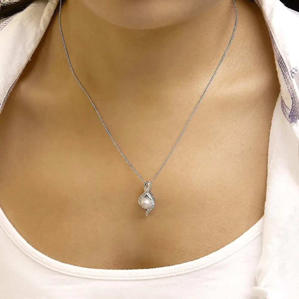 Pearl & diamond swirl pendant necklace in sterling silver – 7mm bijoux-nyc direct