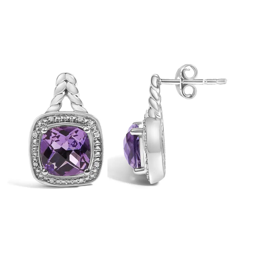 Sterling silver 8mm cushion amethyst and diamond halo drop earrings bijoux-nyc direct