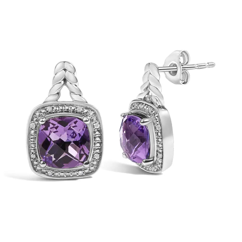 Sterling silver 8mm cushion amethyst and diamond halo drop earrings bijoux-nyc direct