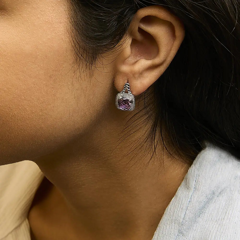 Sterling silver 8mm cushion amethyst and diamond halo drop earrings bijoux-nyc direct
