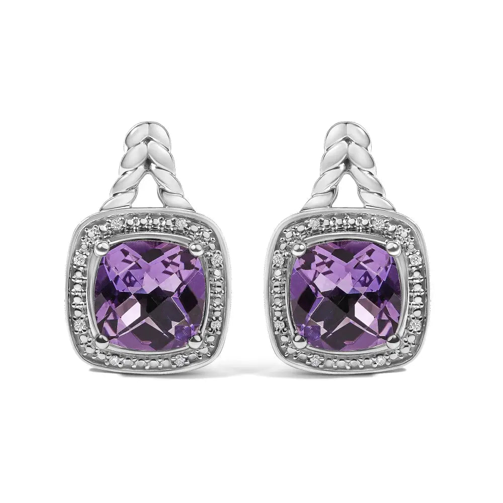 Sterling silver 8mm cushion amethyst and diamond halo drop earrings bijoux-nyc direct