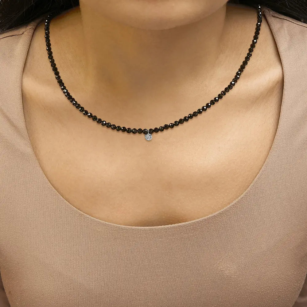 Sterling silver black spinel bead station necklace with diamond accent bijoux-nyc direct