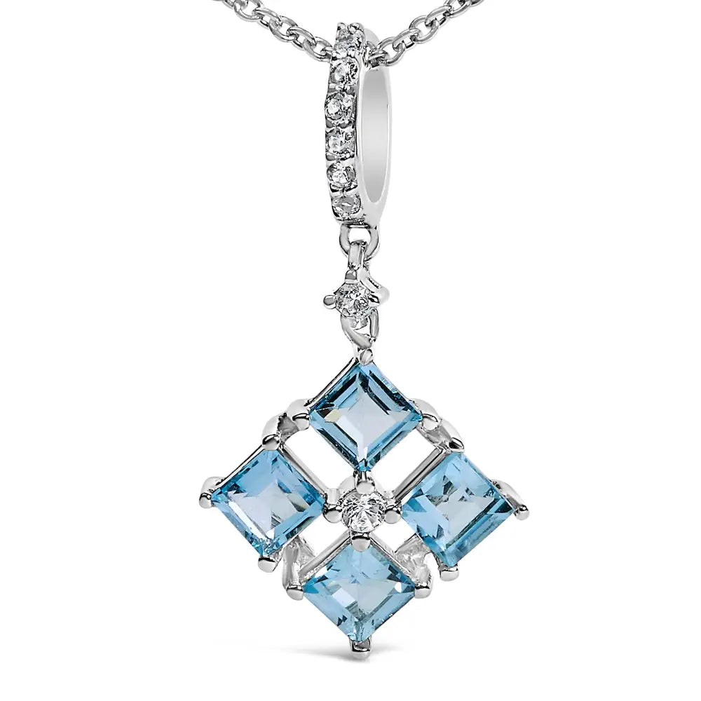 Sterling silver blue topaz and white sapphire square pendant necklace 18 inch bijoux-nyc direct