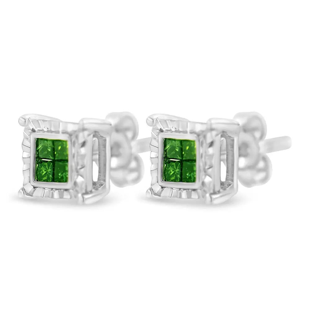 Sterling Silver Color Treated Princess Diamond Quad Stud Earring (1/2 cttw, Green Color, I1-I2 Clarity) - Bijoux-NYC Direct