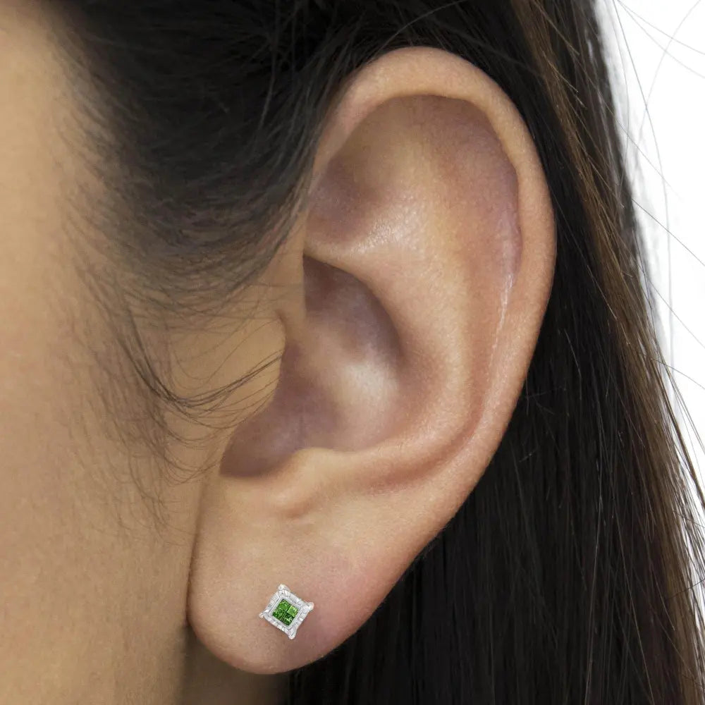 Sterling Silver Color Treated Princess Diamond Quad Stud Earring (1/2 cttw, Green Color, I1-I2 Clarity) - Bijoux-NYC Direct