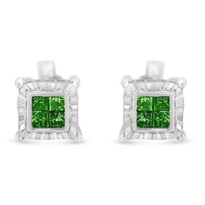 Sterling Silver Color Treated Princess Diamond Quad Stud Earring (1/2 cttw, Green Color, I1-I2 Clarity) - Bijoux-NYC Direct