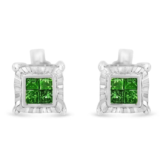 Sterling Silver Color Treated Princess Diamond Quad Stud Earring (1/2 cttw, Green Color, I1-I2 Clarity) - Bijoux-NYC Direct