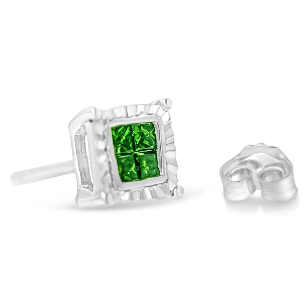 Sterling Silver Color Treated Princess Diamond Quad Stud Earring (1/2 cttw, Green Color, I1-I2 Clarity) - Bijoux-NYC Direct