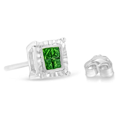 Sterling Silver Color Treated Princess Diamond Quad Stud Earring (1/2 cttw, Green Color, I1-I2 Clarity) - Bijoux-NYC Direct