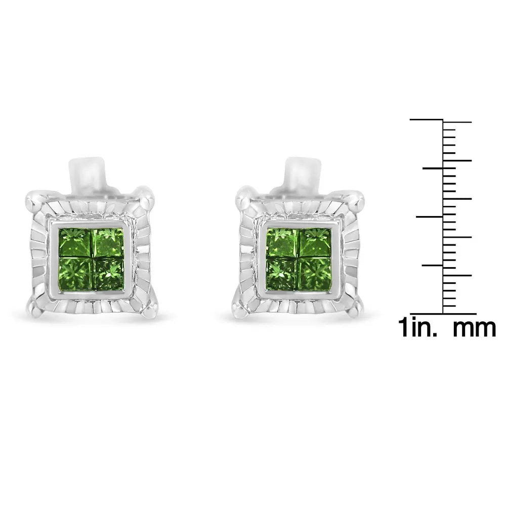 Sterling Silver Color Treated Princess Diamond Quad Stud Earring (1/2 cttw, Green Color, I1-I2 Clarity) - Bijoux-NYC Direct