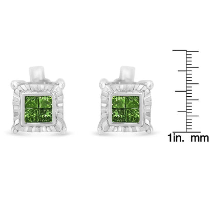 Sterling Silver Color Treated Princess Diamond Quad Stud Earring (1/2 cttw, Green Color, I1-I2 Clarity) - Bijoux-NYC Direct
