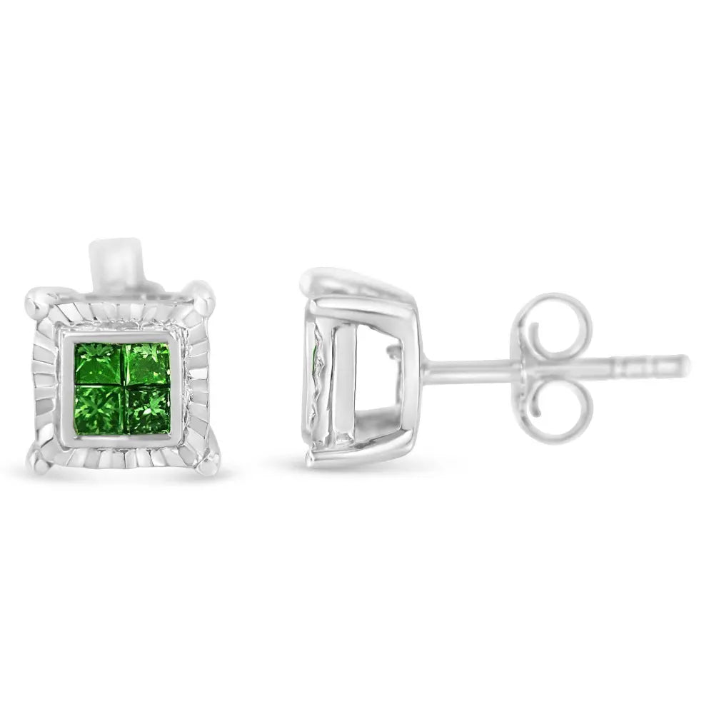 Sterling Silver Color Treated Princess Diamond Quad Stud Earring (1/2 cttw, Green Color, I1-I2 Clarity) - Bijoux-NYC Direct