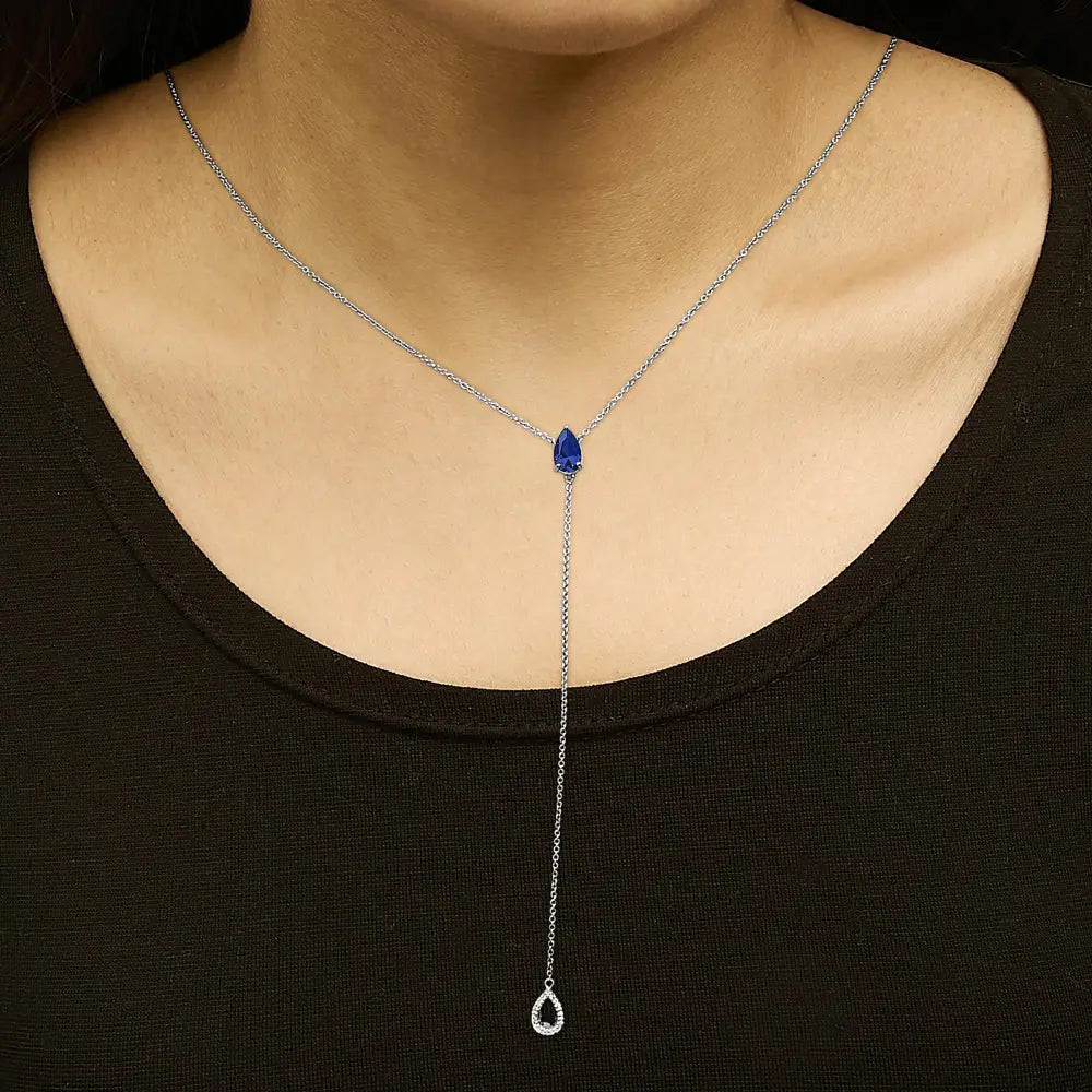 Sterling silver pear lab blue sapphire and diamond accent y necklace bijoux-nyc direct