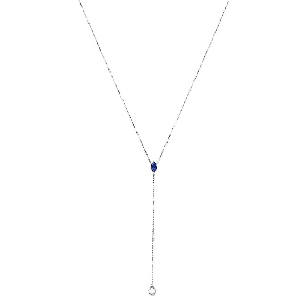 Sterling silver pear lab blue sapphire and diamond accent y necklace bijoux-nyc direct