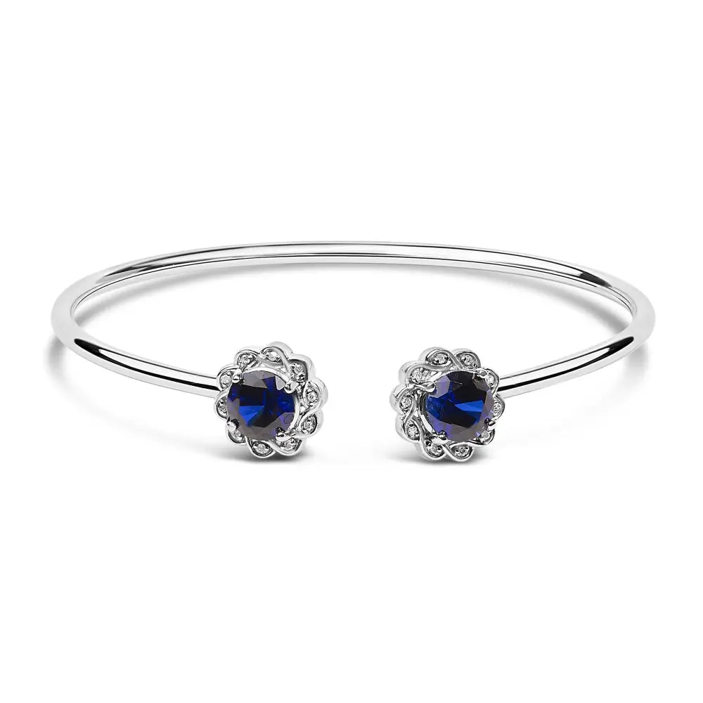 Sterling silver created blue sapphire and diamond floral bangle bracelet bijoux-nyc direct