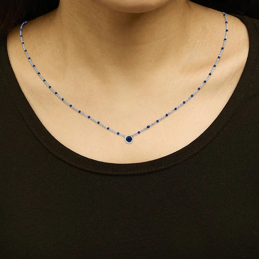 Sterling silver created blue sapphire round bead chain necklace 18 inch bijoux-nyc direct