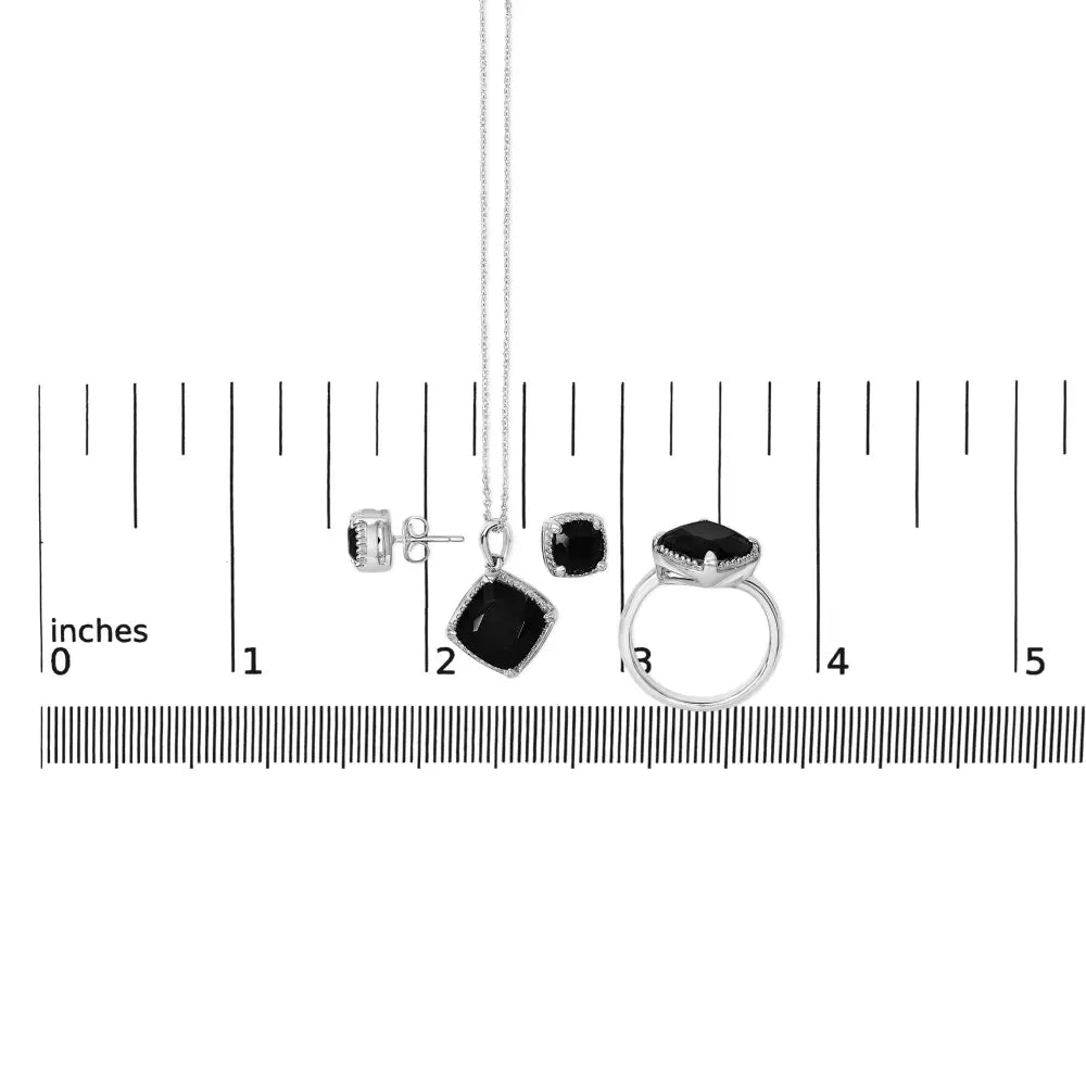 Sterling silver cushion black onyx ring earrings and pendant set bijoux-nyc direct