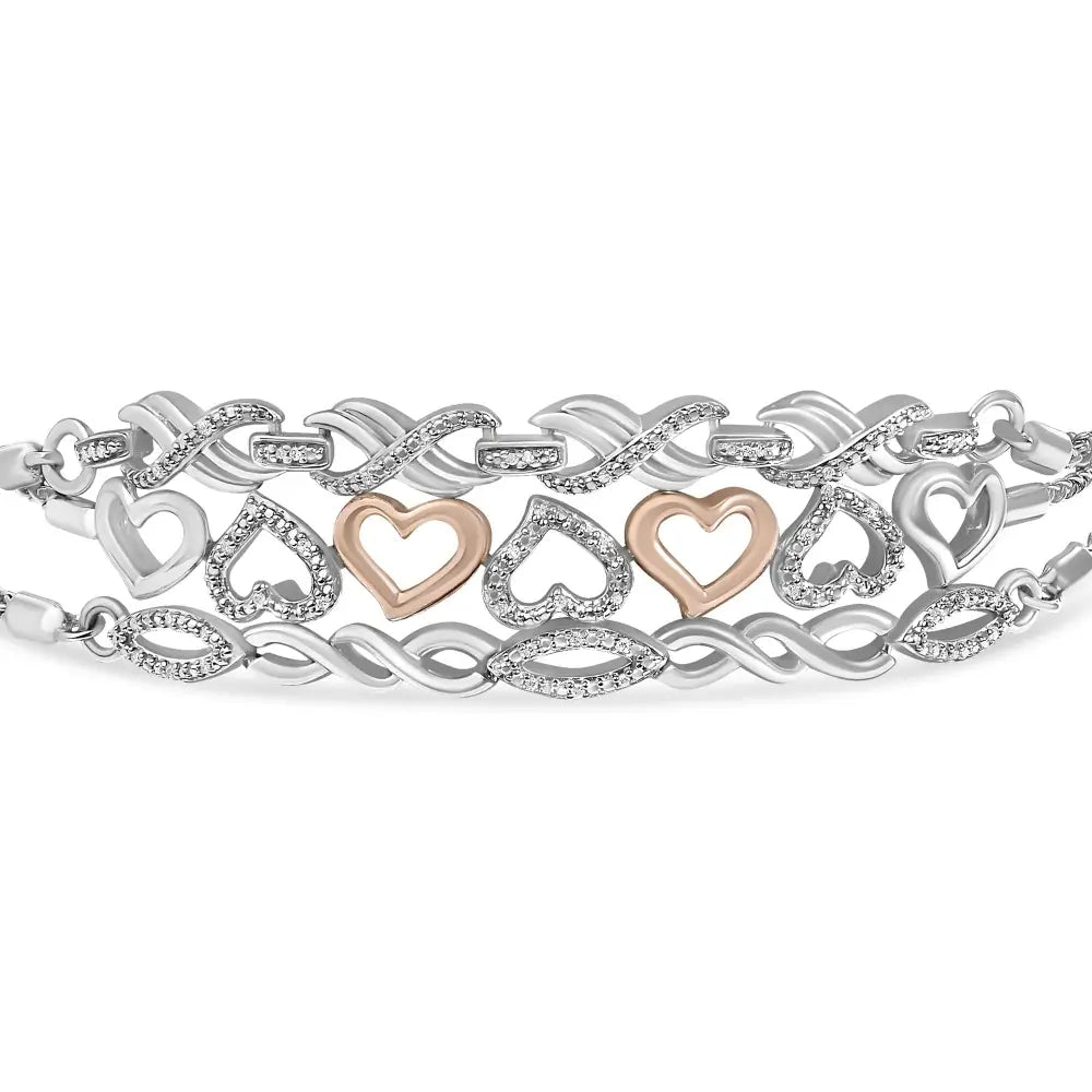 Sterling silver diamond accent 3 piece adjustable heart bolo bracelet set bijoux-nyc direct