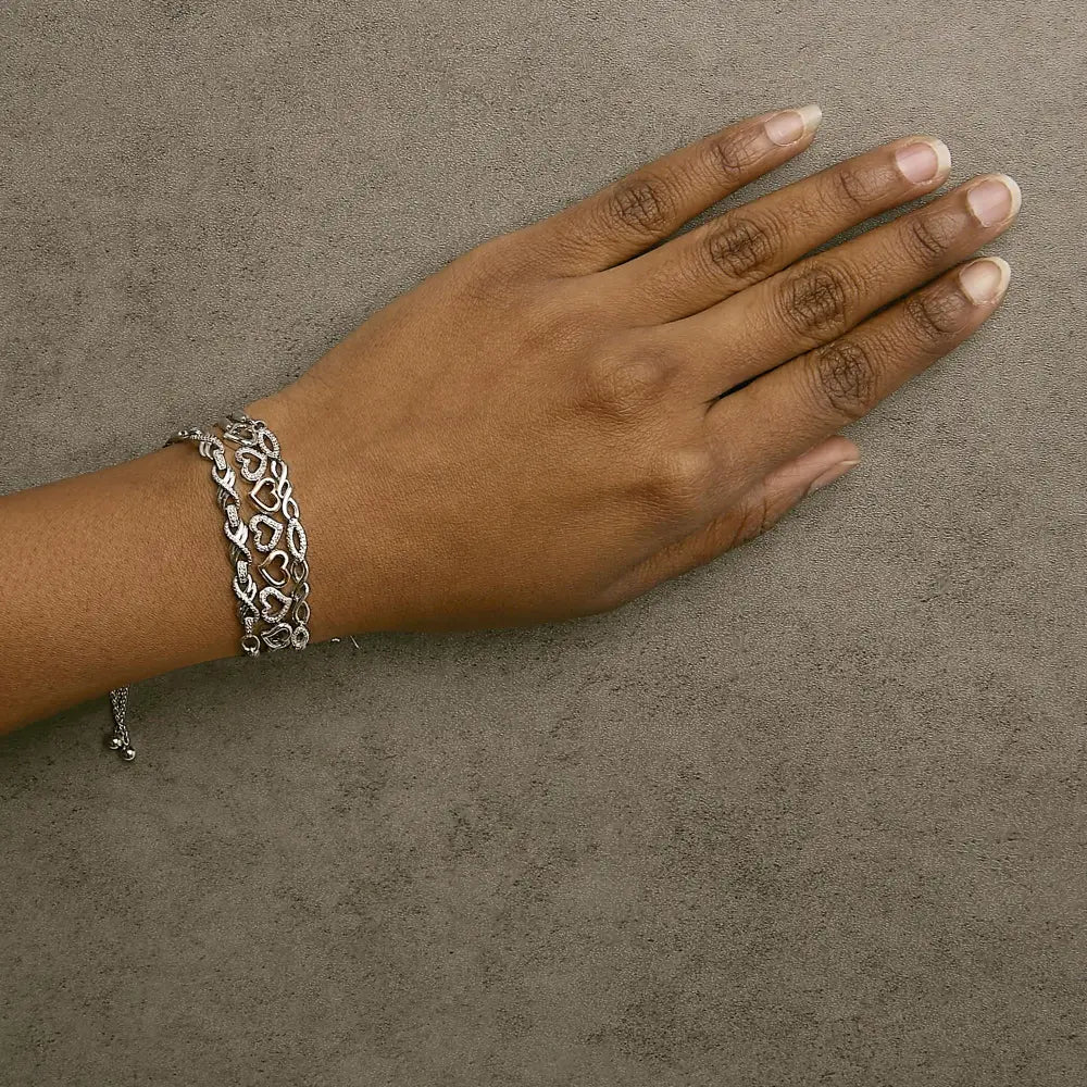 Sterling silver diamond accent 3 piece adjustable heart bolo bracelet set bijoux-nyc direct