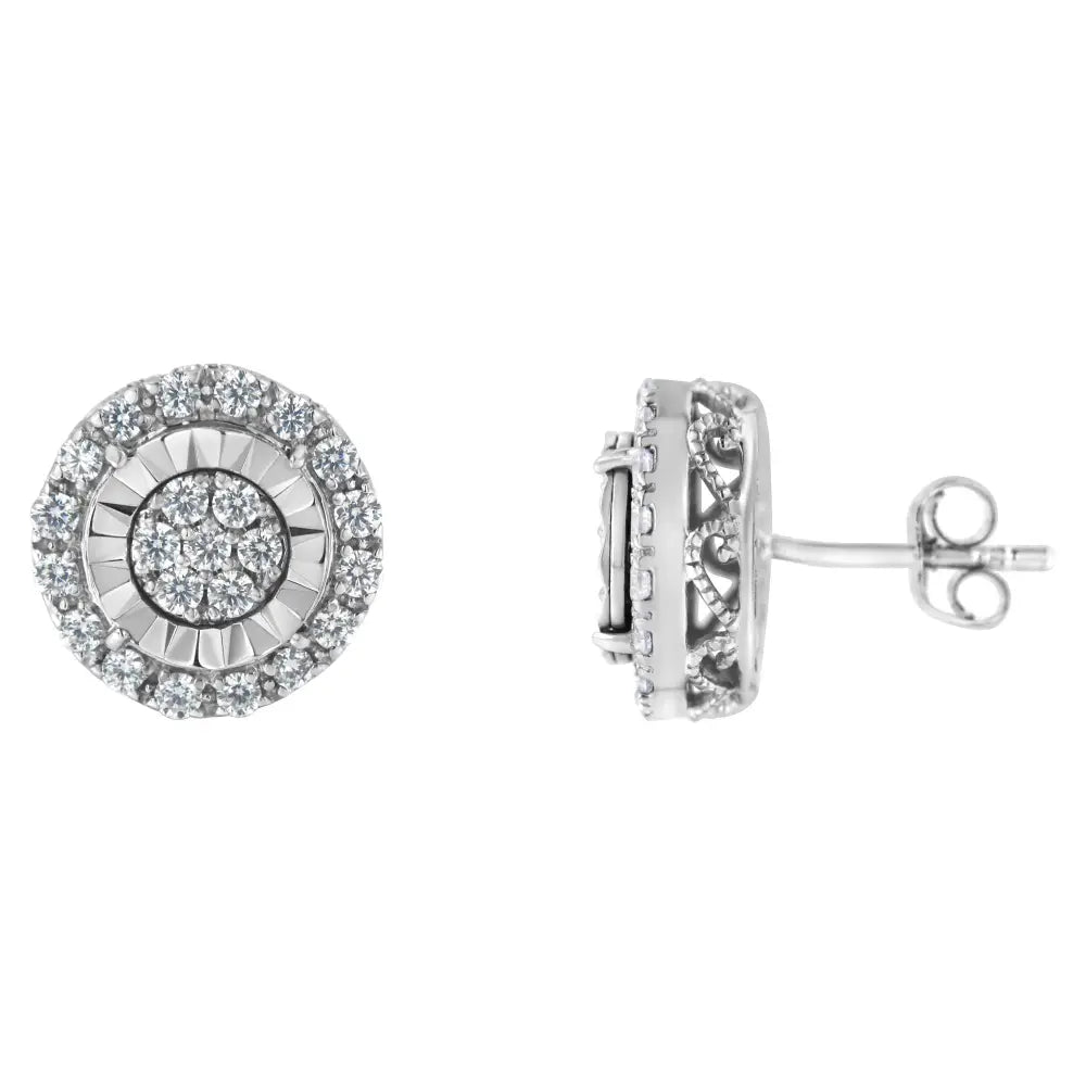 Sterling silver 1 cttw diamond halo cluster filigree stud earrings bijoux-nyc direct