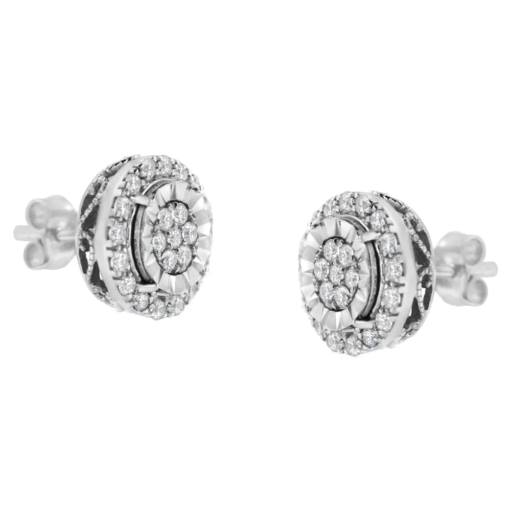 Sterling silver 1 cttw diamond halo cluster filigree stud earrings bijoux-nyc direct