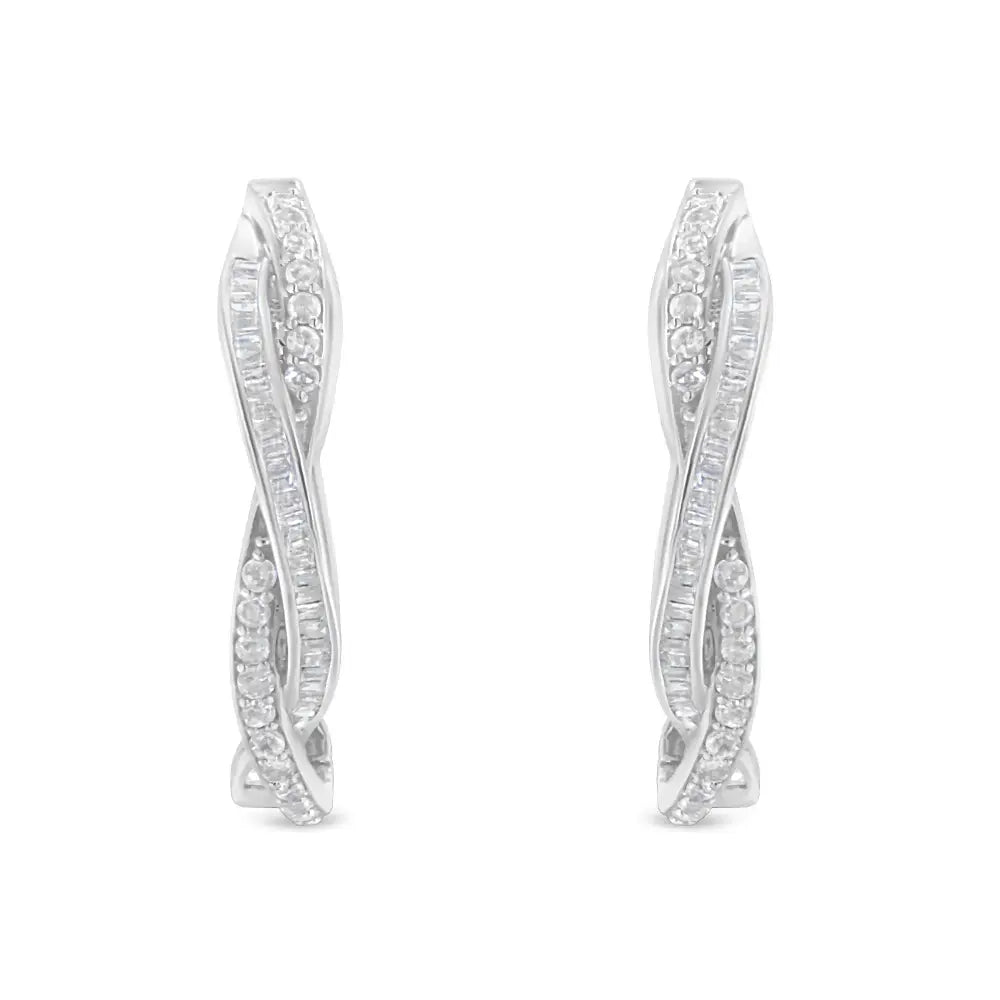 Sterling silver 0.75 cttw round and baguette diamond hoop earrings bijoux-nyc direct
