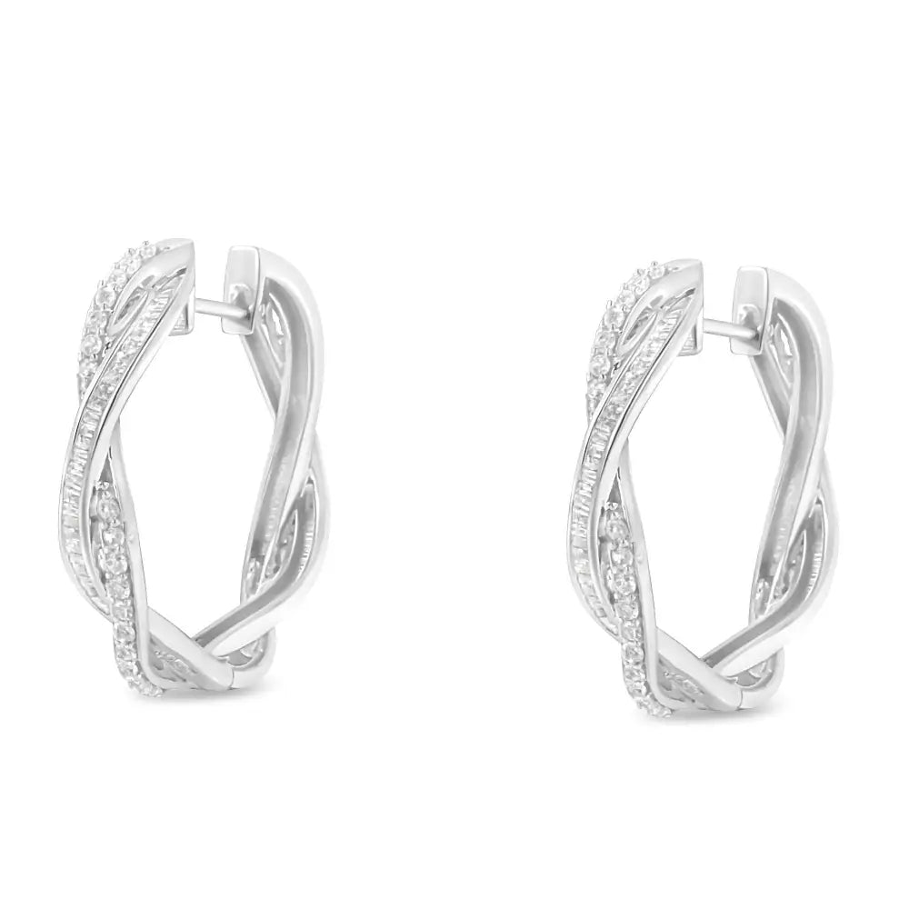 Sterling silver 0.75 cttw round and baguette diamond hoop earrings bijoux-nyc direct