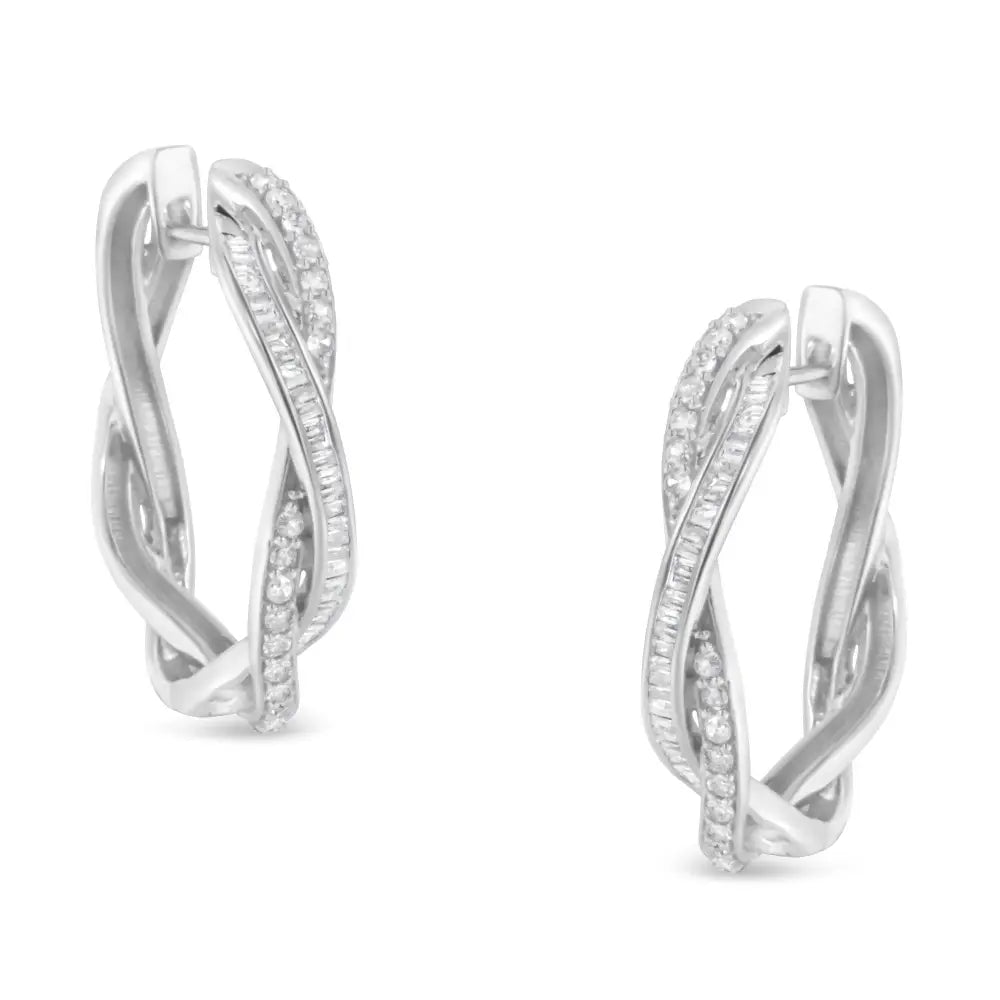 Sterling silver 0.75 cttw round and baguette diamond hoop earrings bijoux-nyc direct