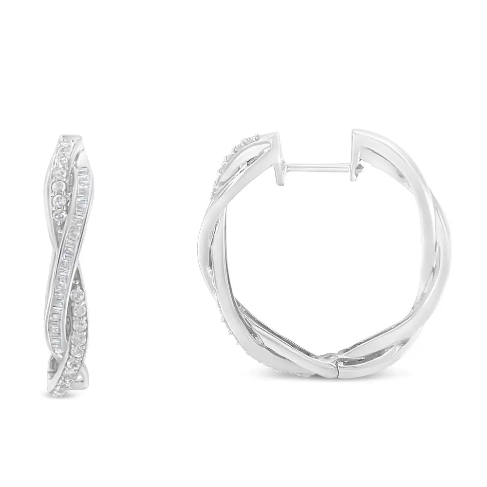 Sterling silver 0.75 cttw round and baguette diamond hoop earrings bijoux-nyc direct