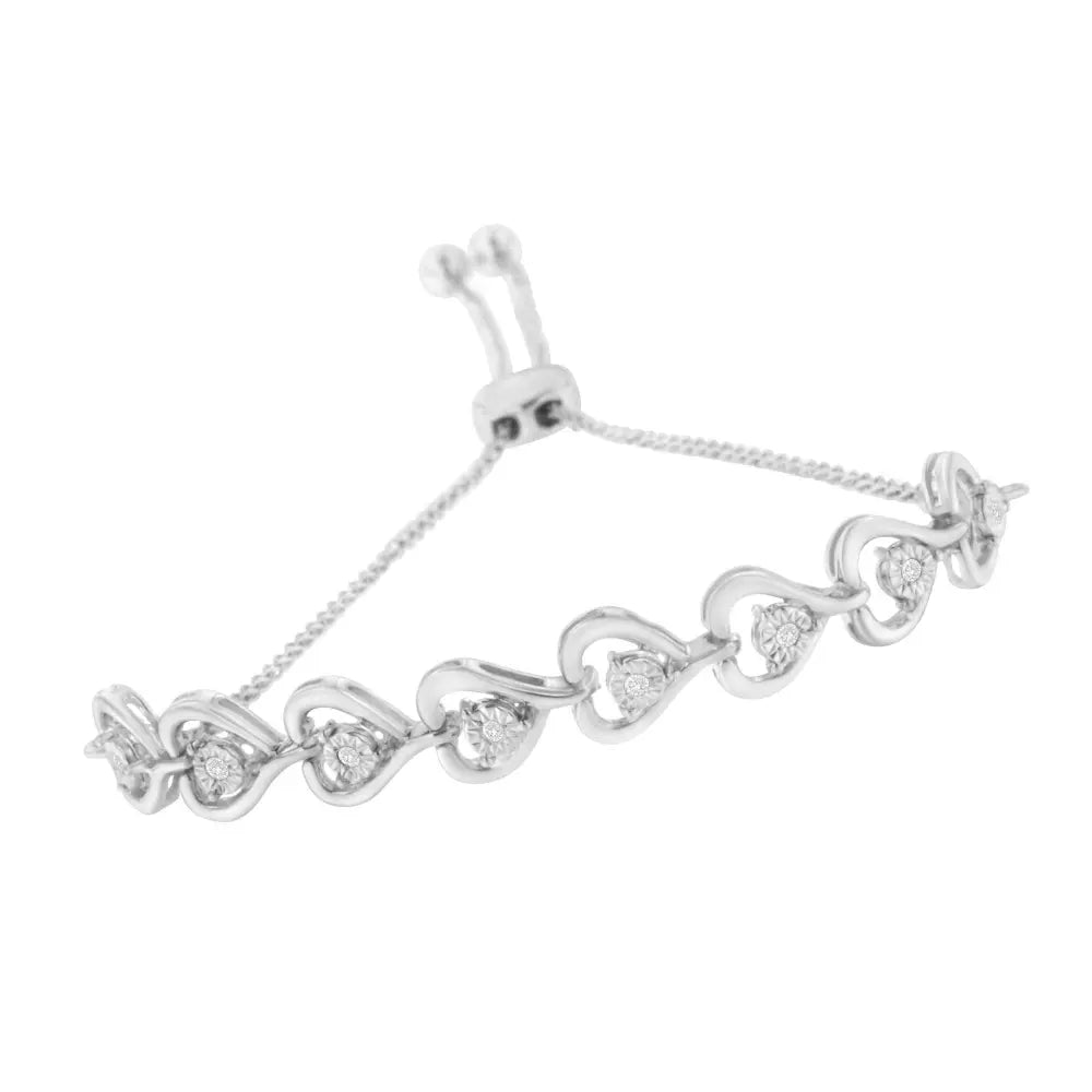 Sterling Silver Diamond Woven Heart Bolo Bracelet (0.1 cttw, H-I Color, I2-I3 Clarity) - Bijoux-NYC Direct