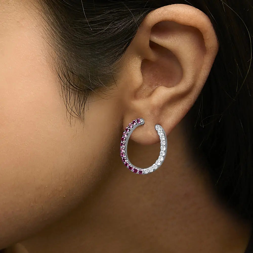 Sterling silver lab created ruby and white sapphire inside out hoop earrings bijoux-nyc direct